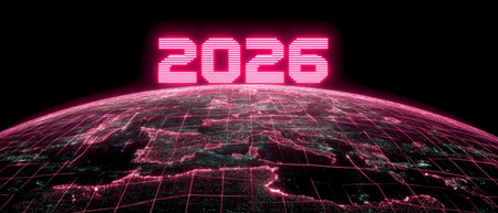 Retro Futuristic 2026 with Glowing Grid and Earth. Generative AIの素材