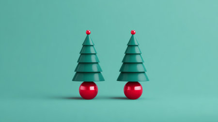 Minimalist Christmas trees with red ornaments on pastel background. Generative AIの素材