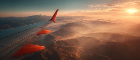 Airplane wing over mountains at sunrise with pink sky. Generative AIの素材