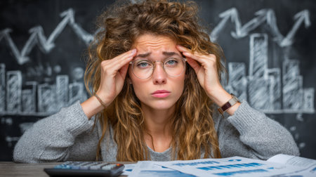 Stressed woman analyzing financial data and charts. Generative AIの素材