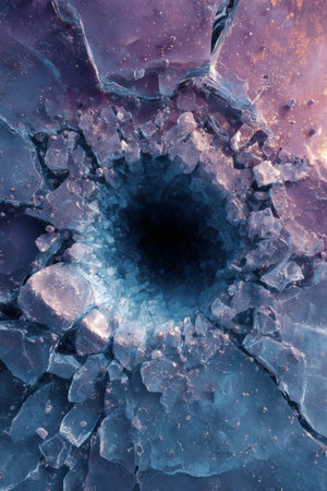 Shattered ice surface with a dark central hole and glowing. Generative AIの素材