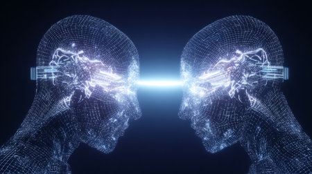 Two futuristic AI humanoids connecting through digital interface. Generative AIの素材