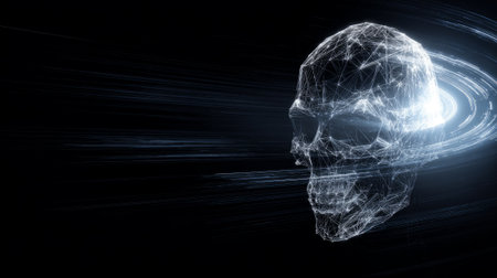 Futuristic wireframe human skull with digital swirling effects. Generative AIの素材