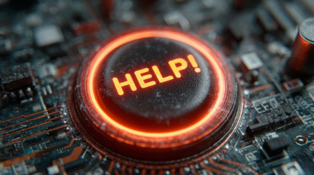 Glowing HELP button on futuristic circuit board. Generative AIの素材