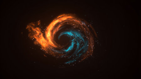 Dynamic swirl of glowing orange and blue energy particles in motionの素材