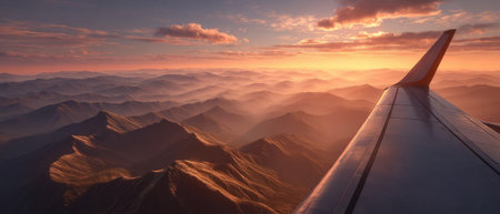 Airplane wing over mountains at sunrise with pink sky. Generative AIの素材