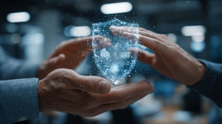 Businessman holding virtual transparent screen with glowing digital shield and data graphs, representing cybersecurity, analytics, and data protection.の素材