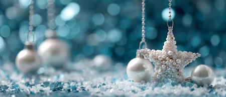 sparkling blue star Christmas ornament surrounded by snow, baubles, and pearls, capturing festive holiday elegance and winter charm.の素材