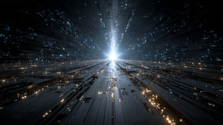 Futuristic data horizon with glowing central light. Generative AIの素材