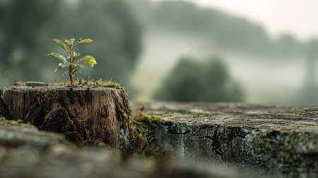 New life growing from tree stump in cracked earth. Generative AIの素材