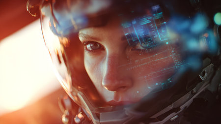 Futuristic Female Soldier with Augmented Reality Combat Visor. Generative AIの素材