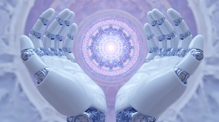Robotic Hands Holding Glowing Digital Sphere with Abstract Energy Pattern. Generative AIの素材