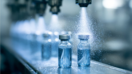 Sterile vials on pharmaceutical filling and sealing line. Generative AIの素材