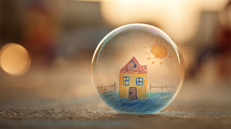 Child drawing of house inside a glass bubble. Generative AIの素材