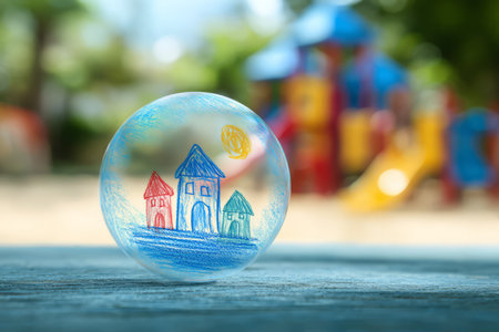 Child drawing of house inside a glass bubble. Generative AIの素材