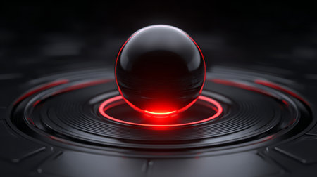 Dark floating sphere above glowing red energy rings. Generative AIの素材