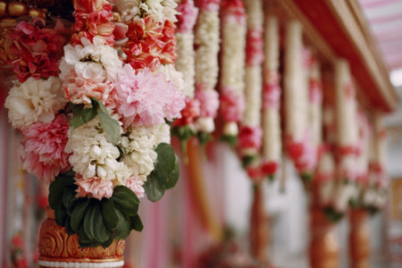 Floral garlands decorating traditional Indian wedding venue. Generative AIの素材