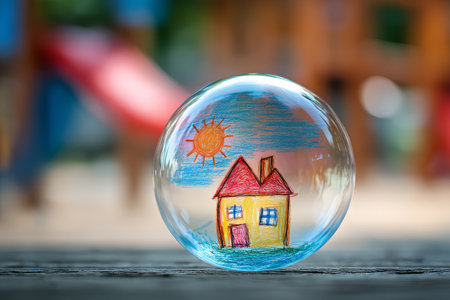 Child drawing of house inside a glass bubble. Generative AIの素材