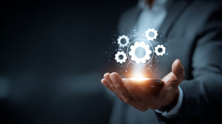 Businessman holding digital gear interface hologram. Generative AIの素材