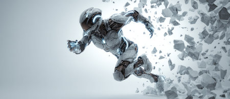 Futuristic Robot Breaking Through Wall in Dynamic Motion. Generative AIの素材
