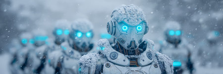 Frozen robots with glowing eyes in icy landscape. Generative AIの素材