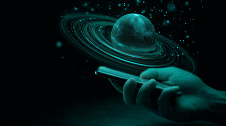 Digital Hologram of Globe Floating Above Smartphone. Generative AIの素材