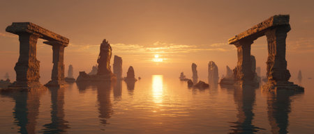 Ancient temple ruins submerged in ocean at sunset. Generative AIの素材