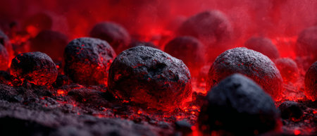 Glowing Charcoal Spheres with Fiery Energy Trails. Generative AIの素材
