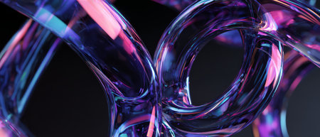 Interlocked neon glass rings with colorful reflections. Generative AIの素材