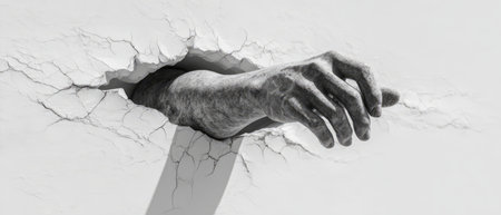 White Sculpted Hand Emerging from Cracked Wall. Generative AIの素材