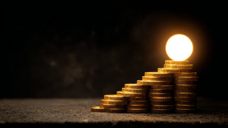 Stacked gold coins forming steps toward glowing light. Generative AIの素材