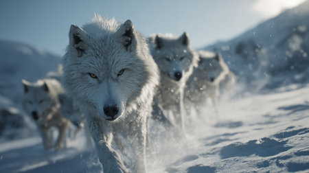White wolves walking through snowy wilderness. Generative AIの素材