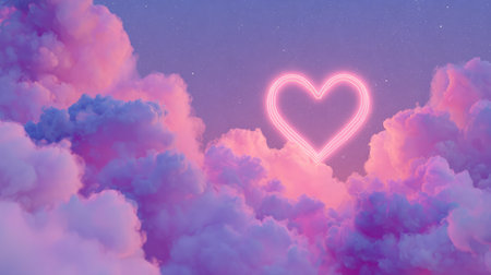 Neon Heart Above Pink Clouds in Dreamy Sky. Generative AIの素材