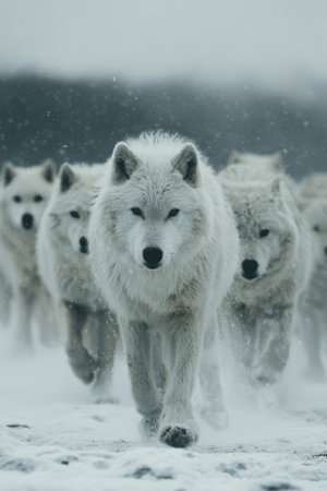 White wolves walking through snowy wilderness. Generative AIの素材