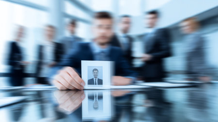 Businessman making hiring decision with candidate resume on glass table. Generative AIの素材
