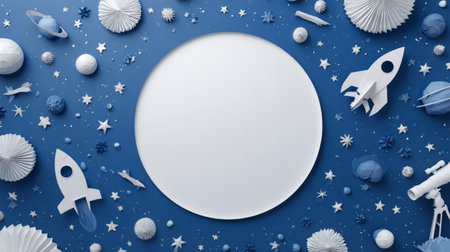 Colorful Space-Themed Flat Lay with Rockets and Planets. Generative AIの素材