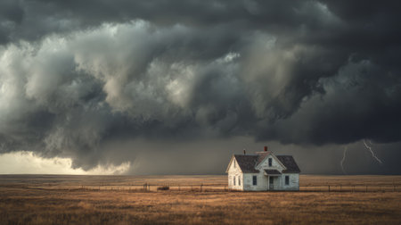 Abandoned farmhouse under dark storm clouds with lightning. Generative AIの素材