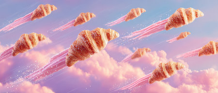 Flying croissants in dreamy pastel sky background. Generative AIの素材