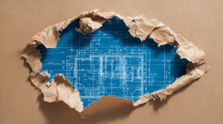 Architectural Blueprint Revealed Beneath Torn Paper. Generative AIの素材