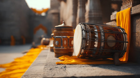Traditional Indian drum with cultural items on stone platform. Generative AIの素材