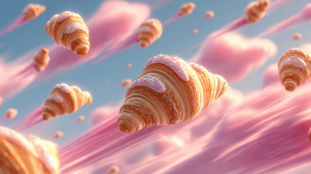 Flying croissants in dreamy pastel sky background. Generative AIの素材