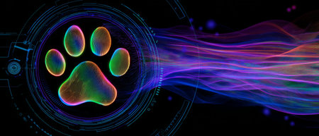 Futuristic neon paw print with digital tech elements. Generative AIの素材