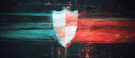 Glitched digital security shield with data distortion. Generative AIの素材