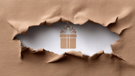Gift Box Icon Revealed Under Torn Paper. Generative AIの素材