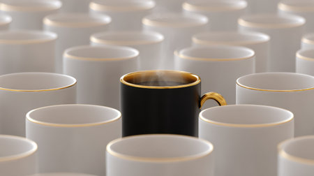 Black coffee cup standing out among white mugs. Generative AIの素材