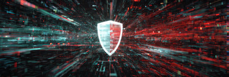 Glitched digital security shield with data distortion. Generative AIの素材