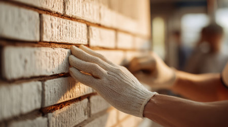 Construction Worker Restoring Brick Wall with Hand Tools. Generative AIの素材