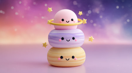 Cute pastel cartoon planets with smiling faces. Generative AIの素材