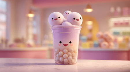 Cute pastel boba tea with smiling tapioca pearls. Generative AIの素材