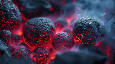 Glowing Charcoal Spheres with Fiery Energy Trails. Generative AIの素材